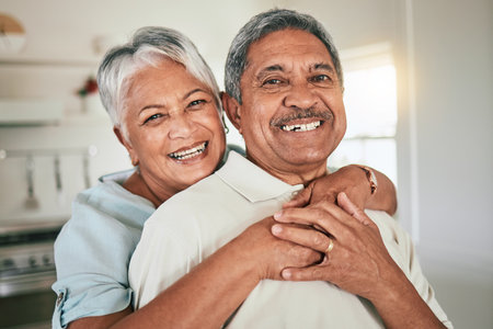 Happy face portrait, hug and old couple smile, bonding and enjoy romantic time together at home apartment. Retirement love, senior partner and elderly man, woman or people embrace for marriage careの写真素材