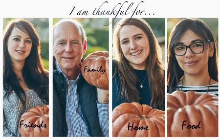 What are you thankful for. Composite shot of four people holding a pumpkin.の写真素材