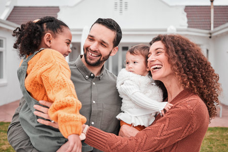 Happy, home and family outdoor, bonding and quality time for memories, real estate or cheerful...