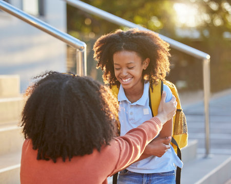 School, education and mom with girl in the morning for back to school, learning and child development. Black family, love and mother saying goodbye to child ready for primary school, lesson and classの写真素材