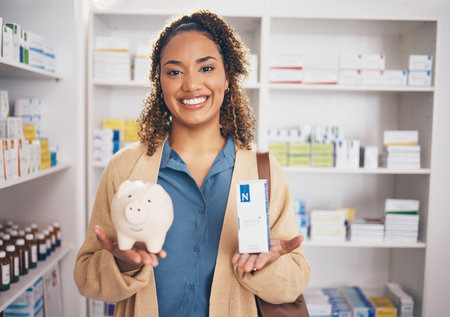 Pharmacy, piggy bank and portrait of woman with medicine, medication and pills for wellness. Healthcare, health insurance and happy female with financial savings, money and cash for medical productの写真素材