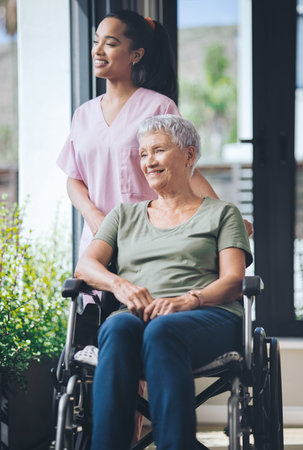 Lighthearted banter of a well worn soul. a young nurse walking beside and pushing an older woman in...