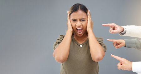 Shouting, pointing and fingers with portrait of woman for bullying, shame and accusation with...