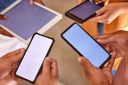 Group of people with phone screen or mockup space for digital planning, mobile app and multimedia...