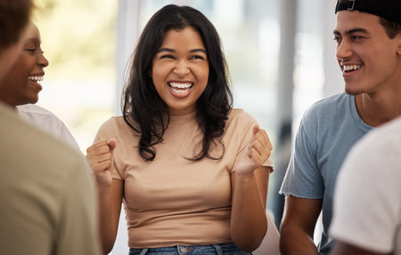 Happy, friends and fist with black woman, celebration and achievement with joy, cheerful and laughing. Happiness, African American female and lady with group, students and playful together and smileの写真素材