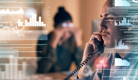 Statistics overlay, phone call and business people with financial graph graphic and communication....