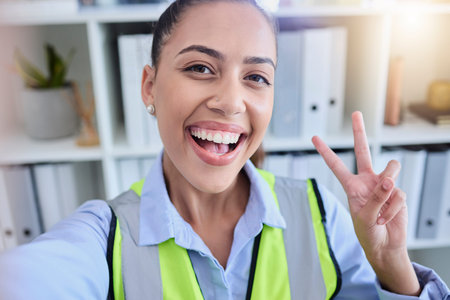 Selfie, peace sign and woman in office, leadership and happiness for business deal, growth and...