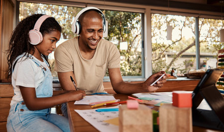 Headphones, black family and kid with online audio streaming, language learning and translation...