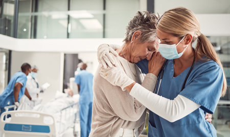 Doctor, hug and sad senior woman in hospital for support, comfort and empathy for surgery of...