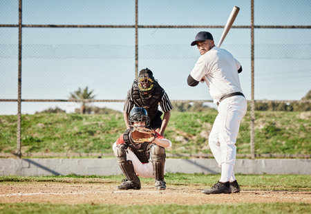 Baseball, bat and concentration with a sports man outdoor, playing a competitive game on mockup. Fitness, health and exercise with a male athlete or player training on a field or pitch for sportの写真素材