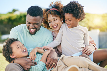 Family, parents and kids, travel and vacation abroad, love and care with fun and freedom outdoor. Support, unity and happiness, mother and father with children and happy people on holiday in Jamaicaの写真素材