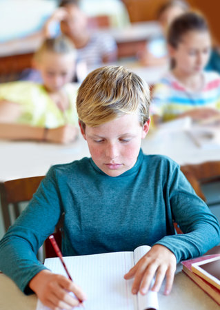 Hes a diligent student. A young boy writing in his notebook during class.の写真素材
