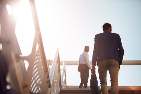 Commuting with my colleague in the city. Low angle shot of unrecognizable businessmen walking up stairs outside.の写真素材