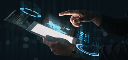 Hand of person, tablet or hologram of digital, information technology, data analytics or global...