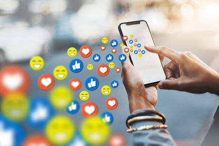 Hands, social media icon or girl with phone for communication, texting or online dating chat. City,...