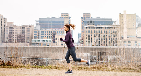 Pushing her limits. Full length shot of an attractive young woman taking a run through the city.の写真素材