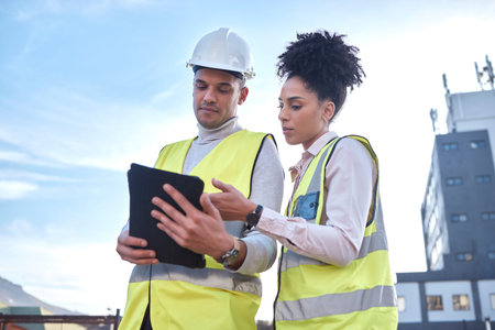 Architect, tablet and construction in planning, idea or collaboration for project plan in the city...