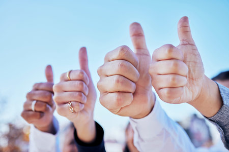 Business people, hands and thumbs up for teamwork, success or winning in thank you and good job...