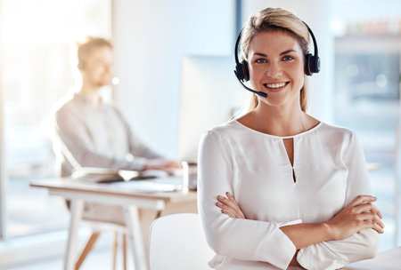 Portrait, customer support and smile with a woman consultant working in her office for after sales...