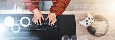 Person, gaming hologram or hands typing on keyboard online streaming on digital website at home....