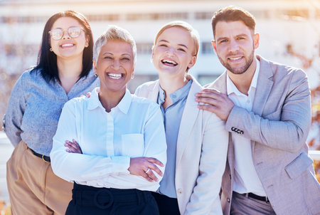 Happiness, business and team portrait of group of people outside office, happy and employees at creative startup. Diversity, teamwork or smile, man and women in outdoor picture together at workplace.の写真素材
