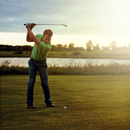 His technique is game changing. a man practicing his swing on the golf course.の写真素材