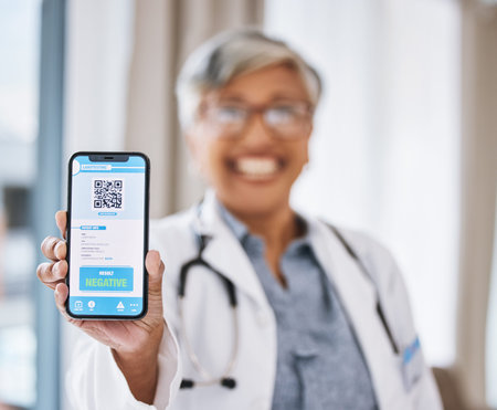 Phone, screen and woman doctor with QR code, test results and drugs, virus or medical mobile app for...