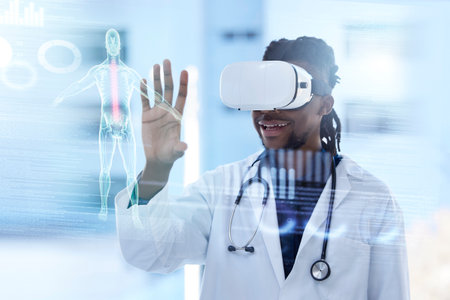Doctor, virtual reality and man with x ray in health and digital transformation, anatomy and overlay. Tech growth in medicine, medical data on screen with black male in VR goggles and futuristicの写真素材