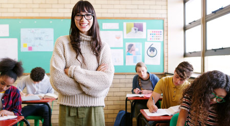 The classroom is where I should be. Portrait of a cheerful young teacher giving class to a group of students inside of a school during the day.の写真素材