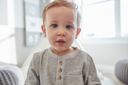 Its hard not to fall in love with children. Portrait of an adorable little boy at home.の写真素材
