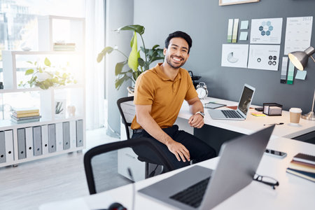 Portrait, office workspace or happy man, business employee or male agent relax after laptop...