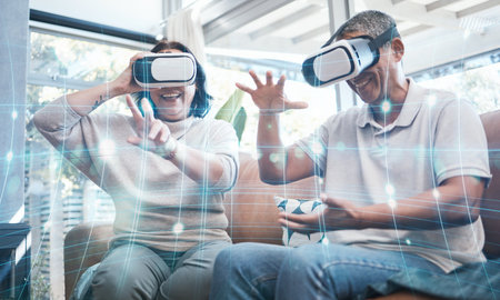 Senior couple, vr and sofa in home living room with holographic overlay, metaverse and 3d game with smile. Man, woman and augmented reality with happiness, learning and futuristic hologram in loungeの写真素材