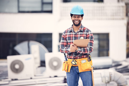 Engineering, portrait and man on clipboard for air conditioner maintenance, inspection or technician...