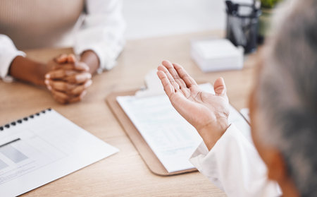 Doctor talk, woman hands and clipboard with consultant contract and insurance agreement document. Hospital, clinic and healthcare worker with writing and patient report with communication and supportの写真素材