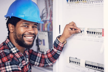 Black man in portrait, electrician and electricity fuse box, check power supply with maintenance on...