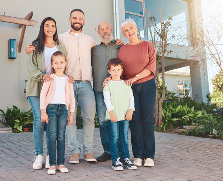 Big family, portrait and backyard with grandparents, kids and happiness for holiday with hug, love...
