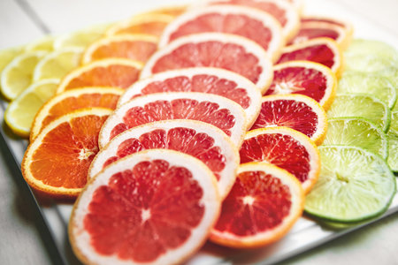 So vibrant, so healthy. a variety of citrus fruits cut into slices on a plate.の写真素材
