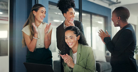 Applause, laptop or women high five to celebrate stock market success, revenue or investment profit. Forex, finance economy or diversity trader team excited for NFT, bitcoin or crypto trading growthの写真素材