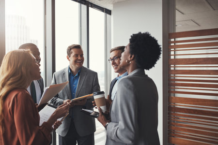 They always enjoy their boardroom meetings. High angle shot of a group of corporate businesspeople meeting in their boardroom.の写真素材