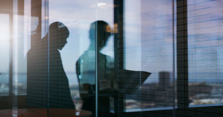 Something big is on the horizon. Silhouette shot of two businesspeople having a discussion inside an office building.の写真素材
