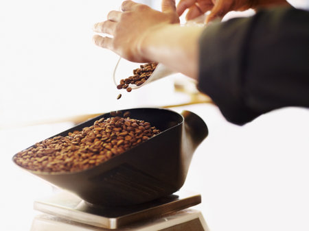 Coffee beans, scale and closeup of hands of barista weighing for retro, espresso and restaurant. Cappuccino, beverage and brewing with ground caffeine product and person for shopping, cafe and retailの写真素材