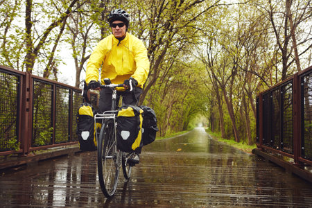 Cross every bridge when you get there. Full length shot of a male cyclist enjoying a bike ride on a wet winters morning.の写真素材
