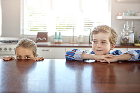 I spy with my little eye....a brother and sister at home.の写真素材