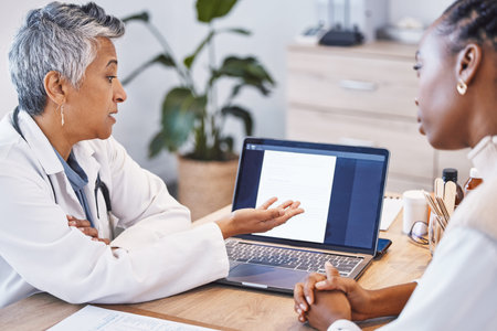 Showing results, talking and a doctor with a black woman for notes, plan and strategy for health....