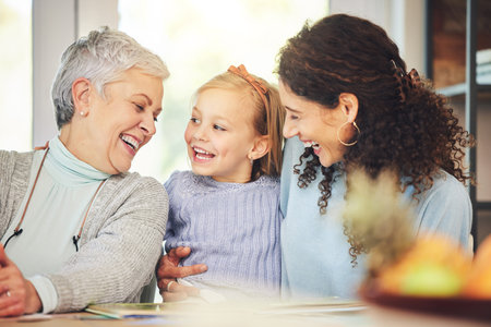 Grandmother, girl and mother laughing in home, playing and bonding together. Grandma, mama and happy...