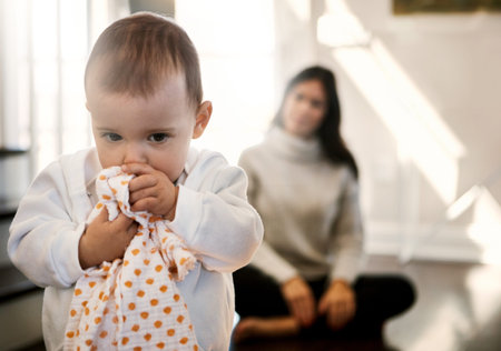 Finders keepers. an adorable baby girl turning away from her mother as she hides behind a cloth.