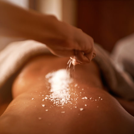 This could be you...a young woman enjoying a salt exfoliation treatment at a spa.の写真素材