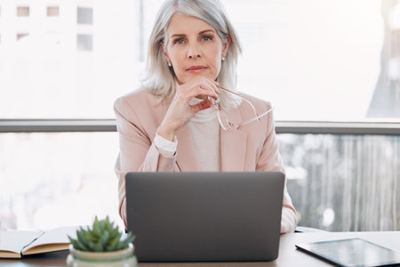 There are always ways to improve. a mature businesswoman sitting alone in the office and looking contemplative while using her laptop.の写真素材