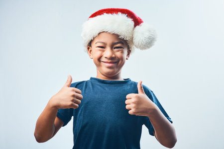 Meet you at the Christmas tree. Studio shot of a cute little boy wearing a Santa hat and showing...