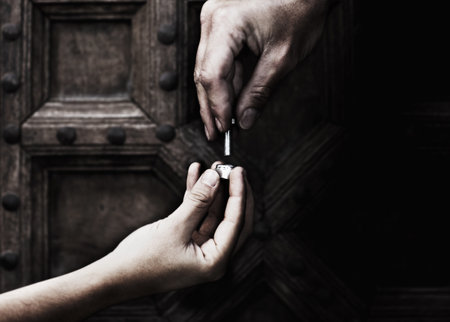 Helping hand, nut and bolt, support in teamwork for maintenance or home renovation on wood background. Giving, hands of man and woman with nuts, bolts and trust, help working together on solution.の写真素材